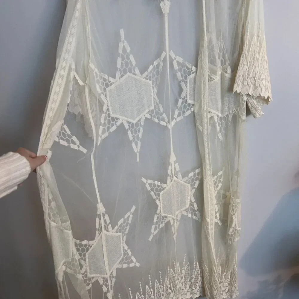 Stylestalker Long Embroidered Lace Bohemian Cardigan Kimono Cover Up Ivory